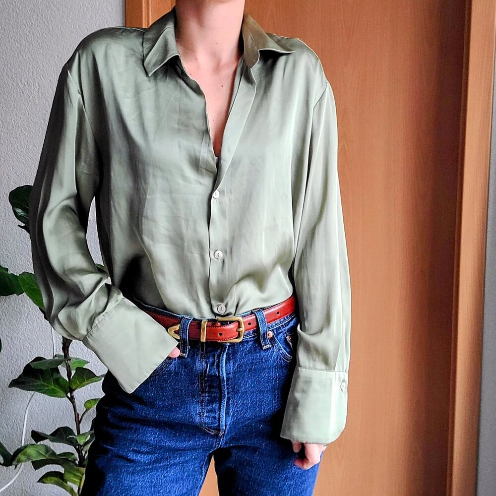 Zara Sage Green Satin Button Down Long Sleeve Shirt Size Small - Picture 3 of 15